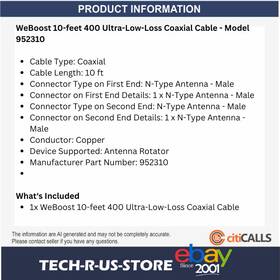 Wilson Electronics 952310 Weboost 10 Ft Coaxial Cable 400 Ultra-low-loss N-male Copper For Rotator