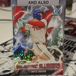 Bowman 2026 Chrome Bryce Harper Electric Sluggers Mini Diamond Refractor 49/150. Fixed Price $80.00.